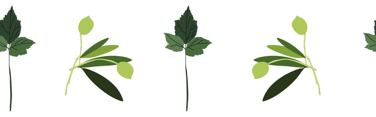 Border leaves and berries on a white background. Hand-drawn illustration. Perfect for spring and summer.	