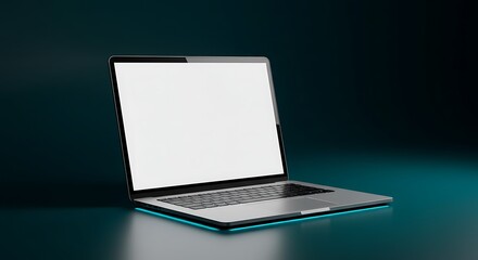 Silver laptop with a blank white screen on a dark blue background with teal lighting on the surface