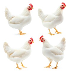 Fototapeta premium Four white chickens with red combs standing on a white background