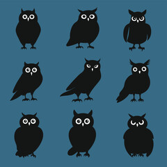 Fototapeta premium Nine Black Owl Silhouettes with White Eyes on Blue Background Illustration