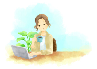 コーヒーを手に仕事をする女性