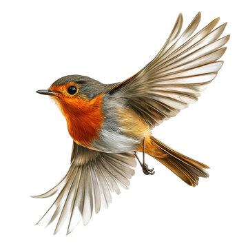 A robin in mid-flight, displaying detailed wing and body feather patterns against a muted background.