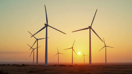 Scenic view of wind turbines silhouetted against a warm sunset sky, representing renewable energy and environmental sustainability