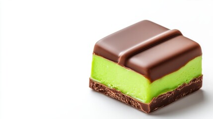 Dubai Chocolate Kunafa Pistachio on white background,Dubai Chocolate bar with green kadayif and pistachio spread,popular and viral chocolate 2024,space for text.
