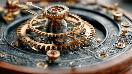 Intricate close-up of antique clock gears in a mechanical timepiece, showcasing precision, symmetry, and golden cogs