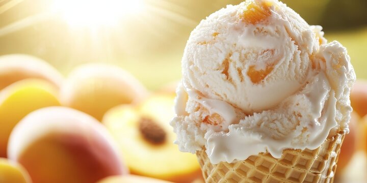 Indulgent Peach Ice Cream Scoop in Waffle Cone A Refreshing Summer Treat on a Sunny Day