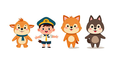 Obraz premium Cute Animal Friends & Pilot Boy Cartoon - Cute and Whimsical Illus.