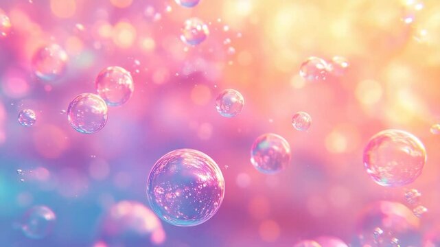 Colorful soap bubbles rising in dreamy soft background  