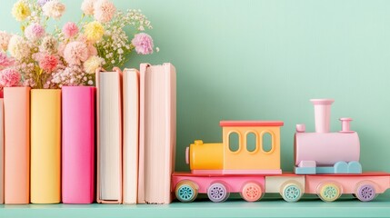 Colorful plastic train rests atop colorful books with soft green backdrop, playful education theme