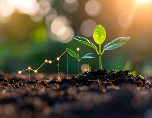 green plant emerges from rich soil, symbolizing growth and potential. background features soft bokeh effect, enhancing feeling of optimism and progress