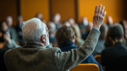 An elderly man raised his hand to speak at a local council meeting, engaging with fellow attendees who listened attentively in a community setting. The atmosphere was focused and participatory