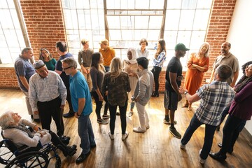 Diverse group of people in a bright room, engaging in conversation. Men and women of various ethnicities, standing and interacting, creating a lively atmosphere. Diverse crowd mingle at social event.
