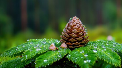Macro shot of dewy pine cone nestled on a green leaf with forest floor in the distance