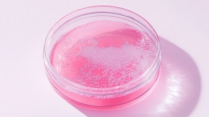 Modern scientific look: clear petri dish holding pink liquid on light neutral backdrop
