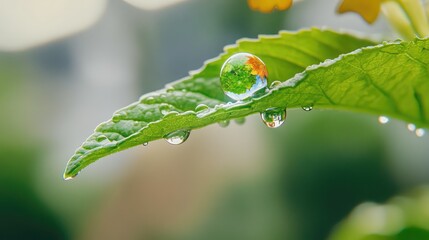 Nature background with Earth in a single dew drop on leaf edge, symbolizing global fragility
