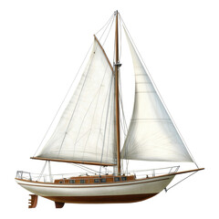Obraz premium A profile view of a vintage sailboat, showcasing its white sail and light brown hull against a dark background.