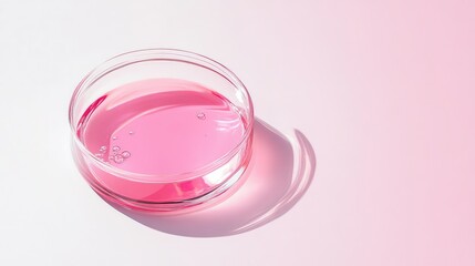Pink fluid in clear petri dish, minimalist composition with sterile white surroundings
