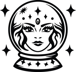 Stylized fortune teller's crystal ball, featuring a woman's face inside silhouette vector illustration, stylized fortune teller's crystal ball with woman's face inside line art vector icon design