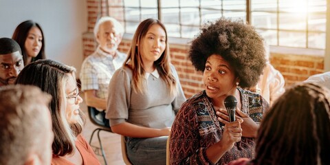 African American woman speaking in diverse business seminar. Diverse group of people audience sit in business seminar, listen to African American woman. Diverse people in business seminar meeting