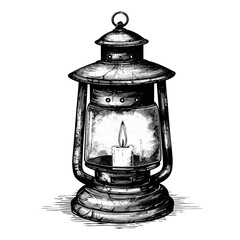 Old engraving style black sketch of vintage lantern, candle inside lantern vector, antique lighting, rustic vintage decor, hand drawn artwork, retro illustration
