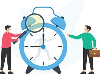 Two businessmen are analyzing time management, with one holding a magnifying glass over a large clock and another pointing at it, symbolizing the importance of efficient scheduling and productivity

