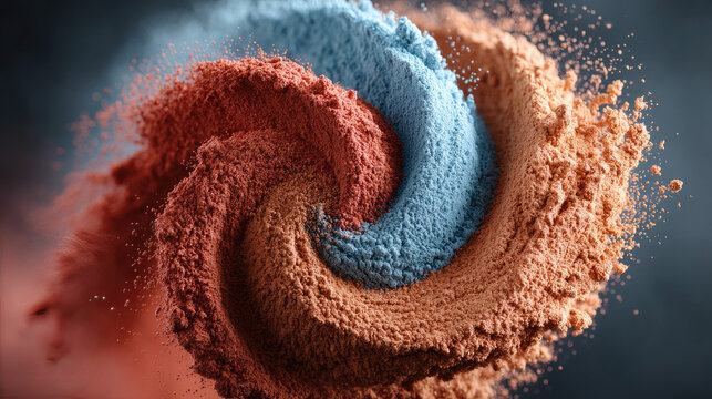 A dynamic swirl of blue and brown powder forms a striking vortex against a dark background.