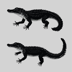 Naklejka premium Alligator and Crocodile Silhouette Illustration on Gray Background