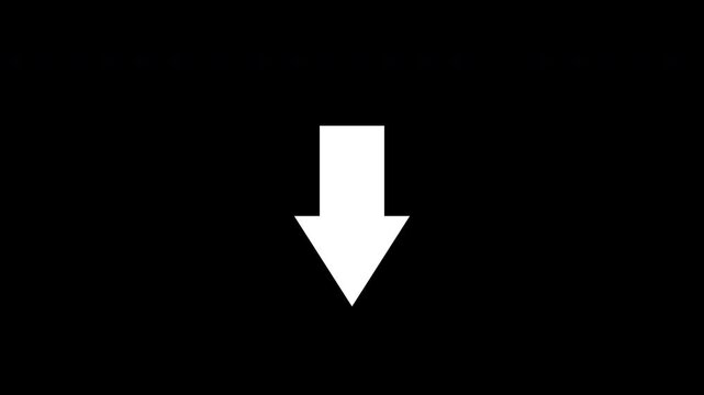 The animation of a white arrow pointing to the down moving from up to down is isolated on a black background. Suitable for tint, overlay layer, or alpha channel. Loop motion graphics