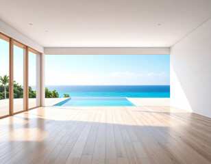 spacious, empty living room with large windows showcasing stunning sea view and swimming pool. bright, airy atmosphere creates serene and inviting environment