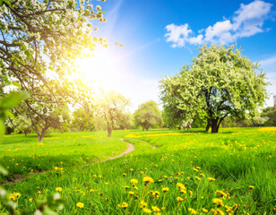 Obraz premium spring landscape featuring lush green grass, blooming trees, and bright sun illuminating scene. cheerful atmosphere evokes feelings of joy and tranquility