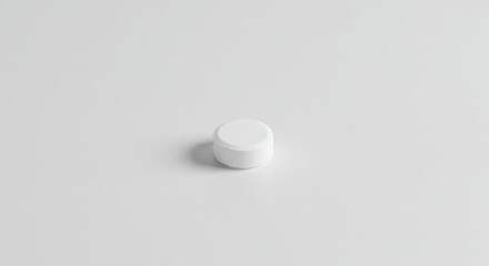 Minimalist studio shot of a single white pill medication on a clean neutral background for medical and healthcare promotions