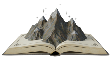 Isolated Open Book with Pop-up Mountains and Stars