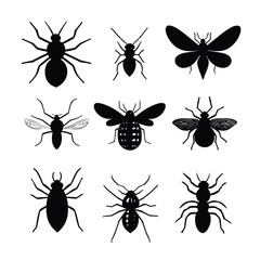 Insect Silhouette Collection with Ants, Beetles, and Flies on White Background