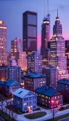 Fototapeta premium Twilight Cityscape: A miniature cityscape bathed in the soft hues of twilight, casting a magical glow upon the detailed structures and glowing windows.