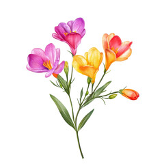 Fototapeta premium Vibrant freesia flowers in shades of pink, yellow, and orange, beautifully arranged on a transparent background, vibrant freesia in style, isolated on a transparent background for design layouts