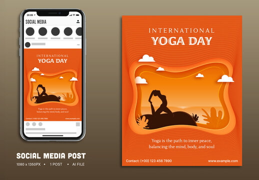 International Yoga Day Editable Social Media Post with Silhouette Woman in Pigeon Pose (Eka Pada Rajakapotasana) for Fitness and Wellness.