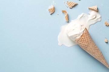 Ice Cream Cone Mishap: A single, vanilla ice cream cone lies spilled on its side, a bittersweet moment captured against a pale backdrop, evoking feelings of loss and playful delight.