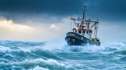 Naklejka premium A fishing boat braves the turbulent seas. The waves crash around as the vessel navigates the stormy waters. Experience the power of nature and maritime life. Generative AI
