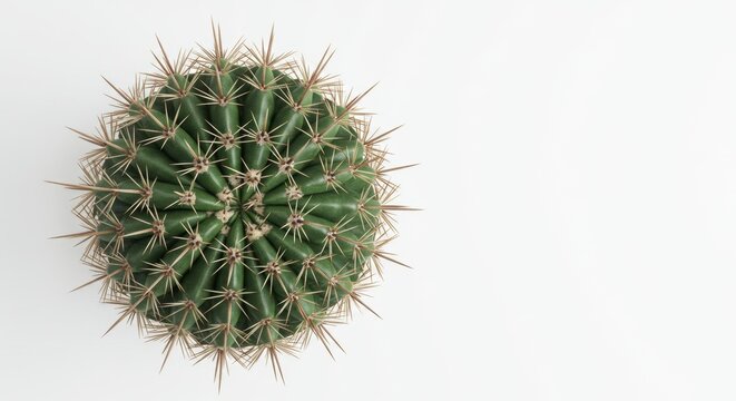 Top down view of a round green cactus with sharp spines on a white background offering a clean and minimalistic botanical aesthetic