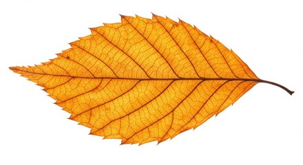 Fototapeta premium Translucent autumn leaf with intricate venation against white background displaying fall season beauty and natural texture for design and decoration
