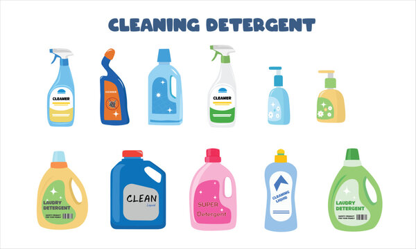 Detergent bottle, bleach can, cleaning spray bottle vector illustration in cartoon style. House cleaning detergent, cleaning supplies flat vector isolated on white background.
