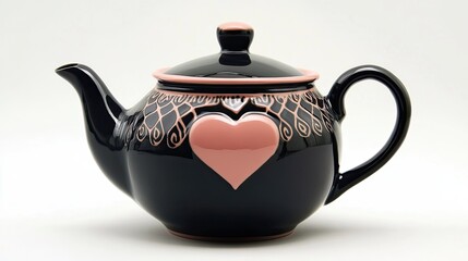 Elegant Black Ceramic Teapot with Pink Heart Detail, Featuring Stylish and Contemporary Design. 