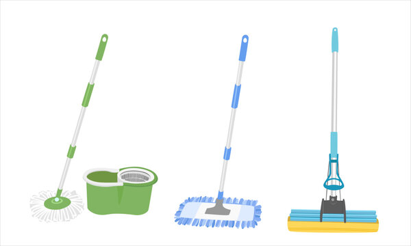 Mop vector illustration in cartoon style. Cleaning service tool vector set with different floor mops, plastic bucket. Household items for cleaning the floor. Cleaning supplies concept.