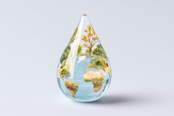 Obraz premium Miniature Earth Inside a Water Droplet Showcases a Vibrant Representation of Nature and Sustainability Concepts