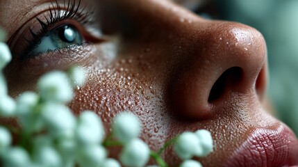 Naklejka premium Close-up view of a person's face adorned with droplets of water and flowers