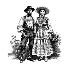 Ukrainian couple in folk costumes, vintage black sketch, old engraving style, traditional dress, retro artwork, historical fashion, cultural heritage illustration, hand-drawn art, village scene
