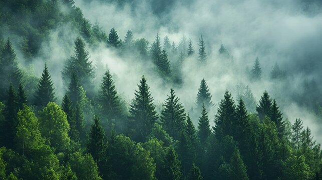 Misty mountain forest landscape with lush green trees fog fir top sky pine calm dark view hill woods