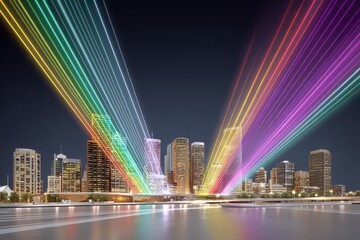 Obraz premium Vibrant City Skyline Illuminated by Colorful Beams at Night Showcasing Urban Beauty and Creativity