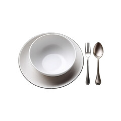 White ceramic plate, bowl, spoon and fork on transparent background
