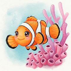 Watercolor illustration of cute clown fish